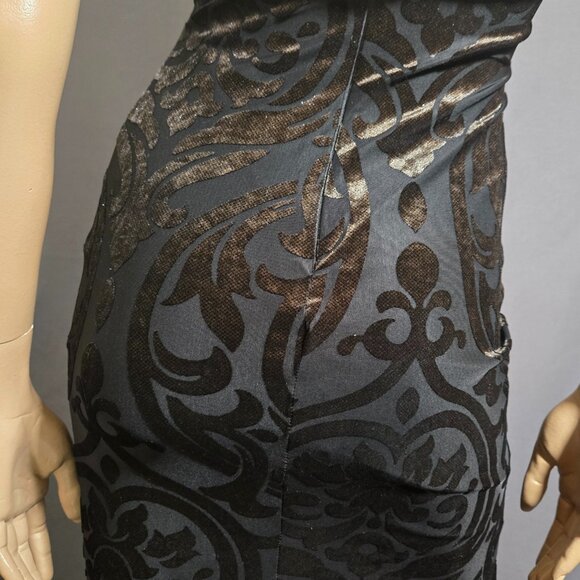 Y2K Maxi Dress Party Cocktail Size S Black Flocked Velvet Mermaid Fishtail - Picture 11 of 13